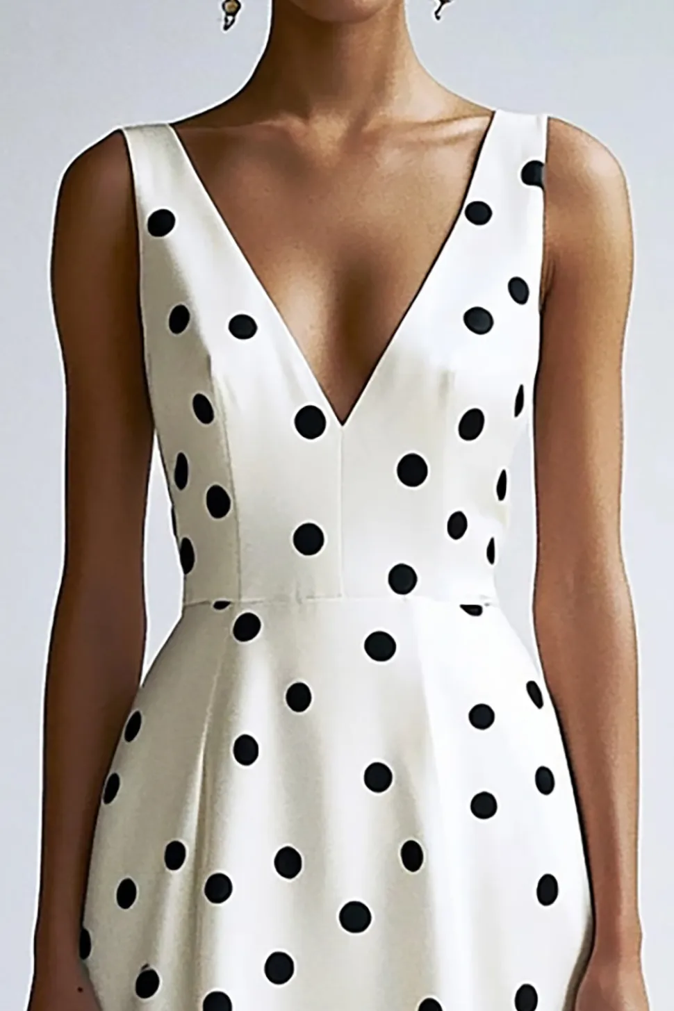 Vestido Verão Decote em V Linha-A Midi Ponto Preto Branco