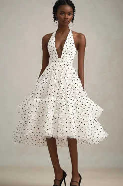 Vestido Verão Decote em V Linha-A Midi Chiffon Ponto Preto Branco