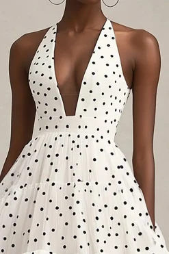 Vestido Verão Decote em V Linha-A Midi Chiffon Ponto Preto Branco