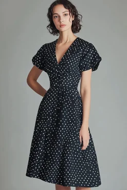 Vestido Verão Decote em V Midi Linha-A Ponto Branco Preto