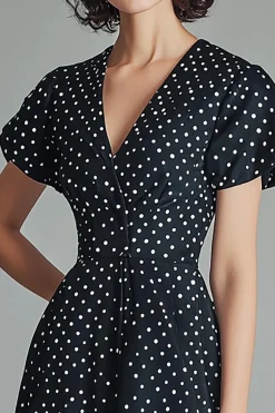 Vestido Verão Decote em V Midi Linha-A Ponto Branco Preto