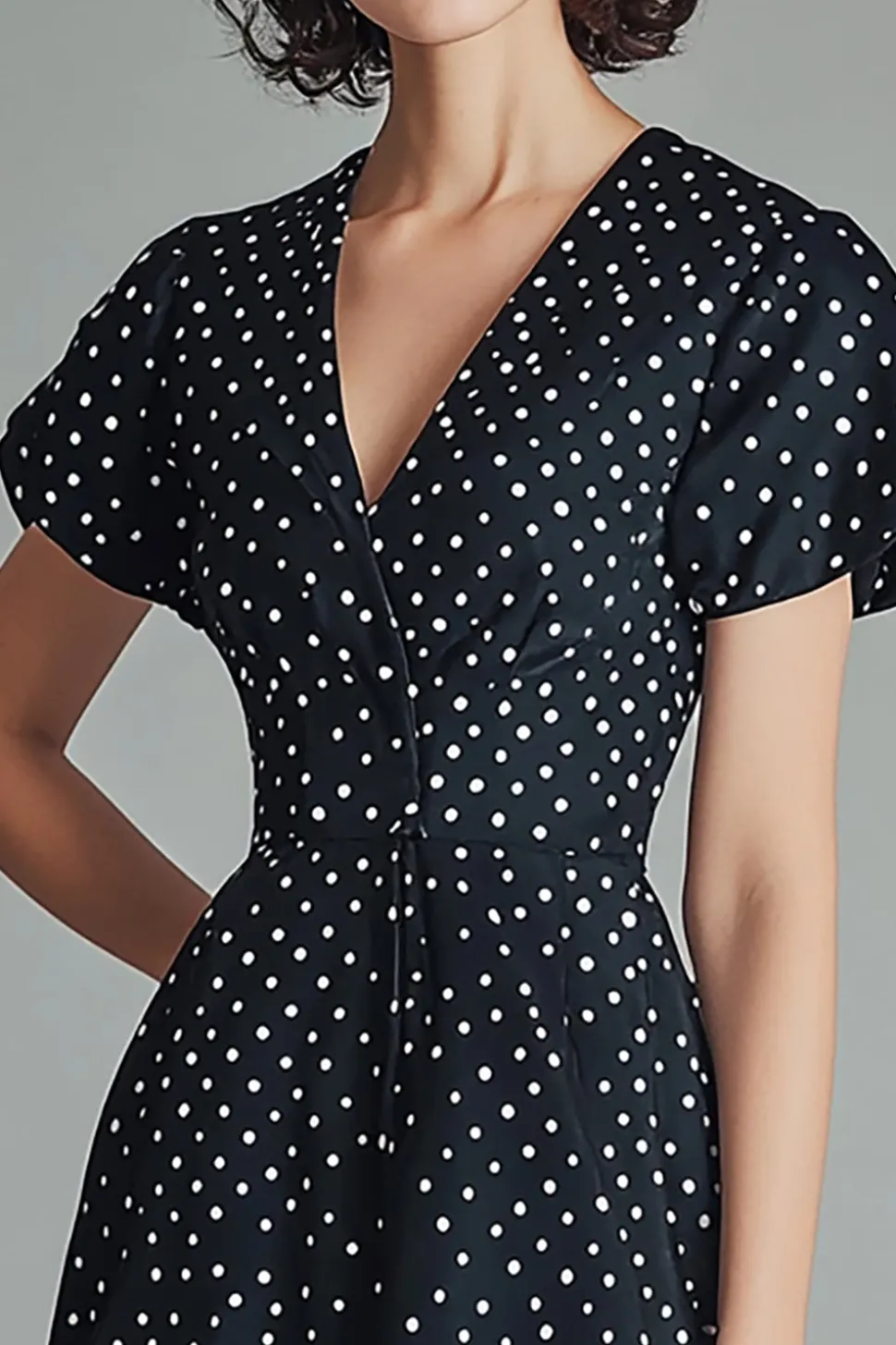 Vestido Verão Decote em V Midi Linha-A Ponto Branco Preto