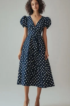 Vestido Verão Decote em V Midi Linha-A Ponto Branco da Marinha