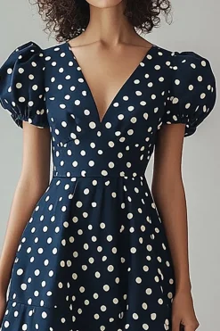 Vestido Verão Decote em V Midi Linha-A Ponto Branco da Marinha