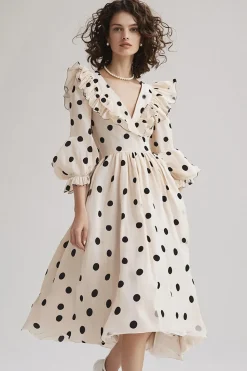 Vestido Verão Decote em V Linha-A Marfim Preto Midi Meias Mangas