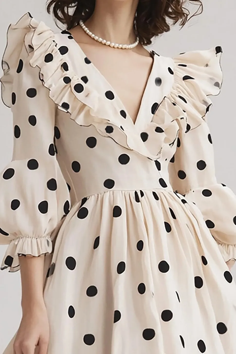 Vestido Verão Decote em V Linha-A Marfim Preto Midi Meias Mangas