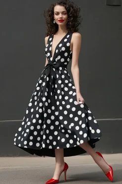 Vestido Verão Decote em V Ponto Branco Preto Midi Linha-A