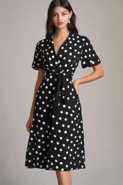 Vestido Verão Decote em V Midi Linha-A Ponto Branco Preto