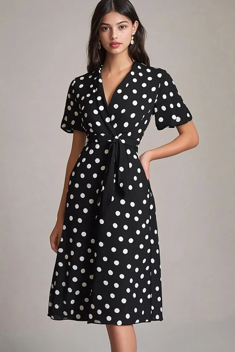 Vestido Verão Decote em V Midi Linha-A Ponto Branco Preto