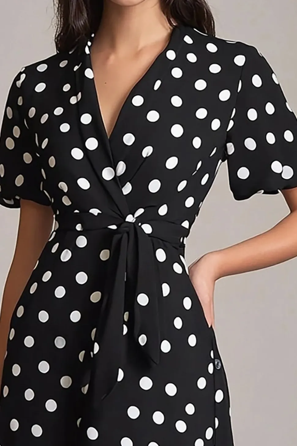 Vestido Verão Decote em V Midi Linha-A Ponto Branco Preto