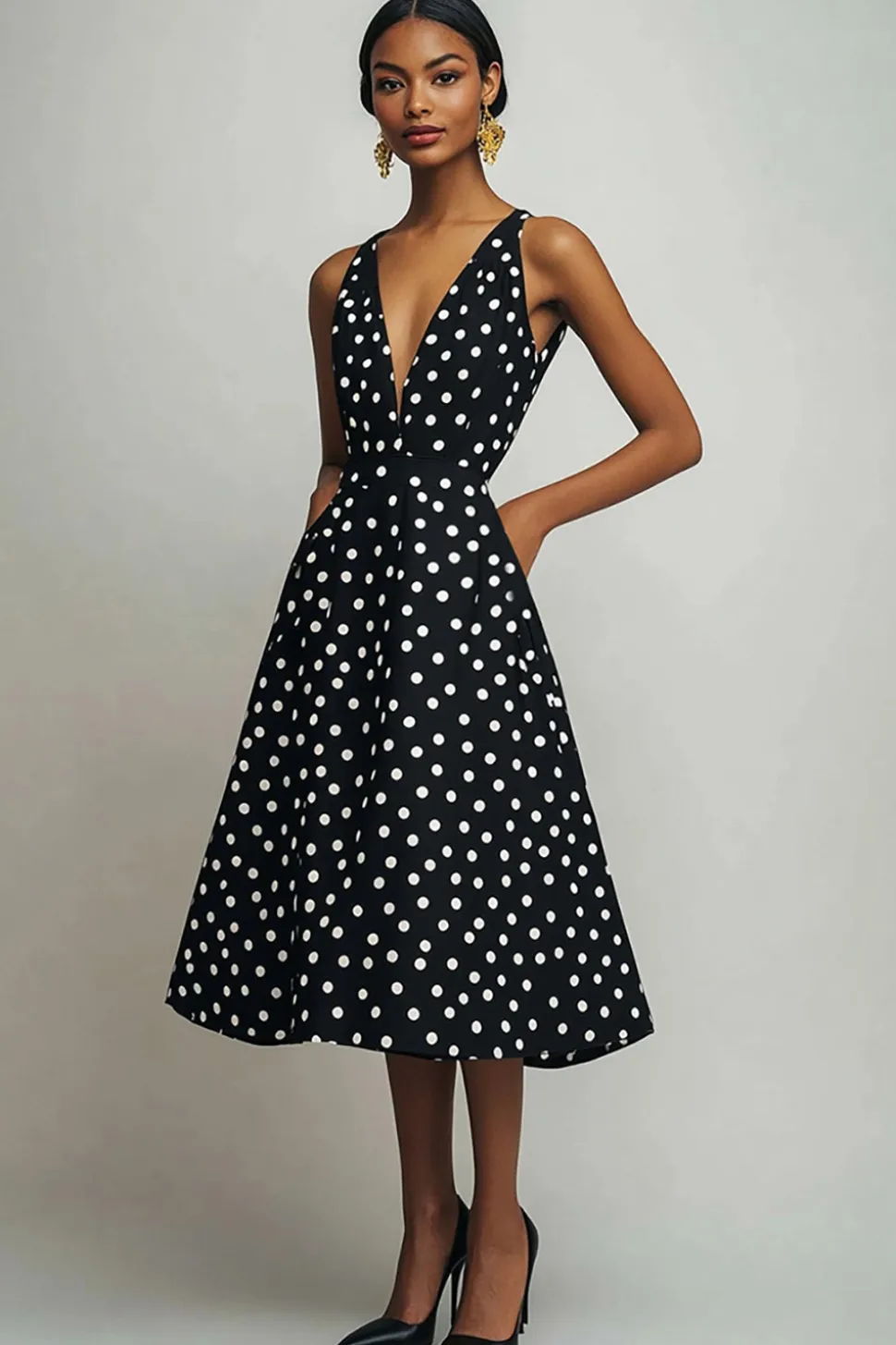 Vestido Verão Decote em V Ponto Branco Preto Midi Sem Mangas