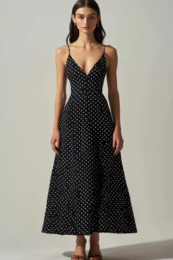 Vestido Verão Decote em V Longo Ponto Branco Preto Linha-A