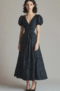 Vestido Verão Decote em V Longo Ponto Branco Preto Linha-A