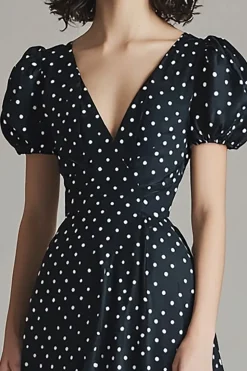Vestido Verão Decote em V Longo Ponto Branco Preto Linha-A