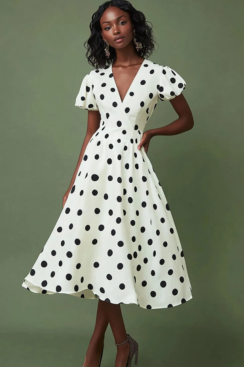 Vestido Verão Decote em V Midi Ponto Preto Branco