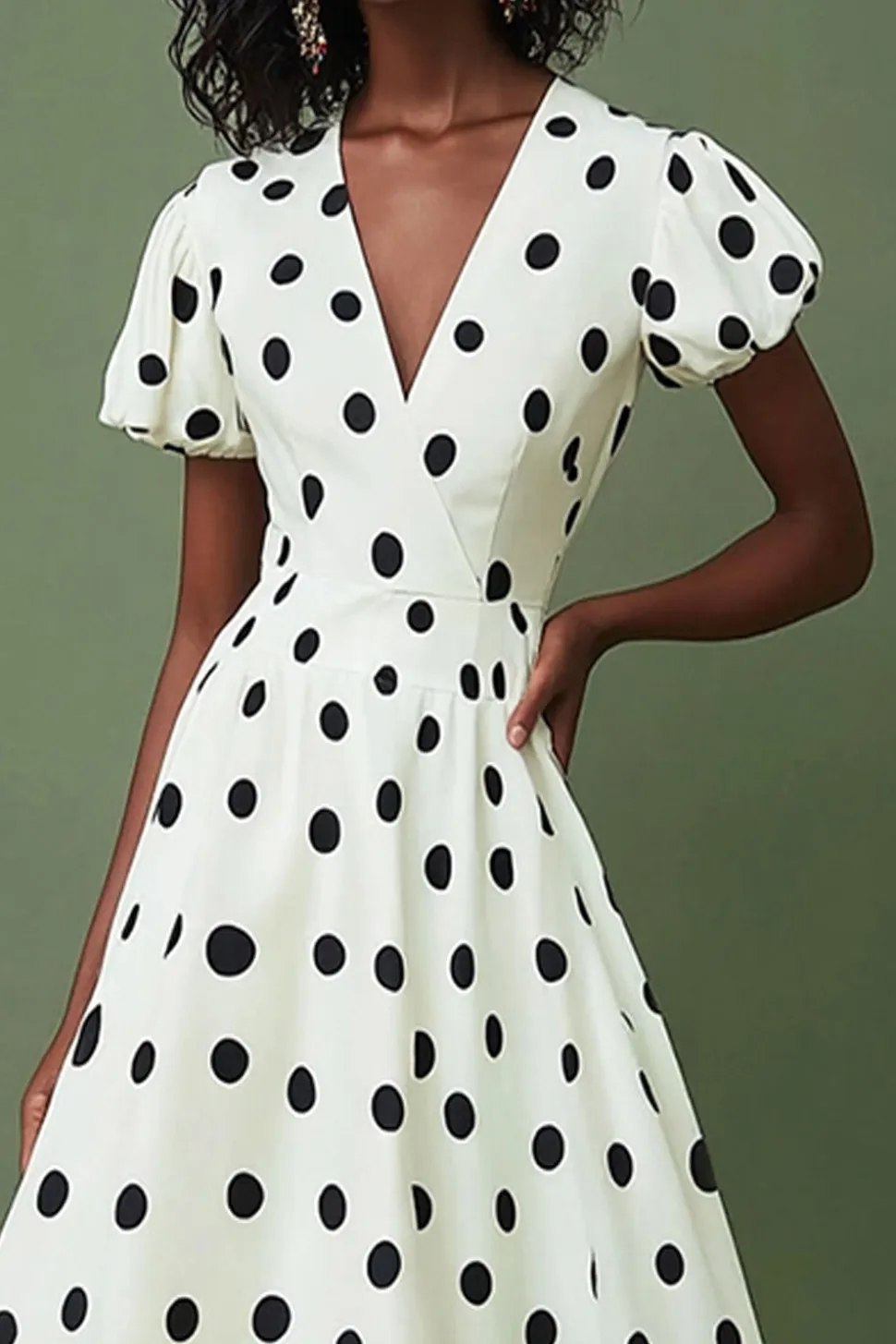 Vestido Verão Decote em V Midi Ponto Preto Branco