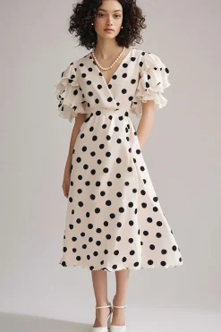 Vestido Verão Decote em V Midi Marfim Preto Mangas Curtas
