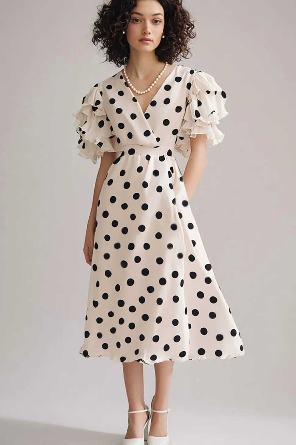 Vestido Verão Decote em V Midi Marfim Preto Mangas Curtas