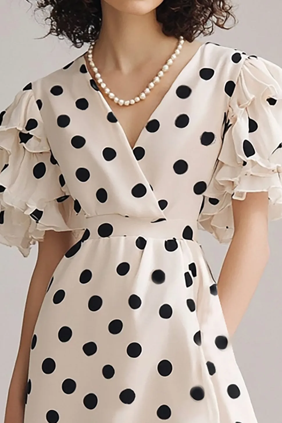 Vestido Verão Decote em V Midi Marfim Preto Mangas Curtas