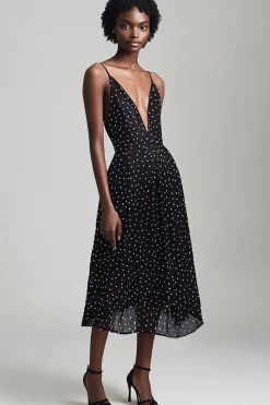 Vestido Verão Decote em V Ponto Branco Preto Midi Linha-A