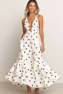Vestido Verão Decote em V Ponto Preto Branco Longo Linha-A Cetim