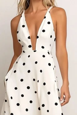 Vestido Verão Decote em V Ponto Preto Branco Longo Linha-A Cetim