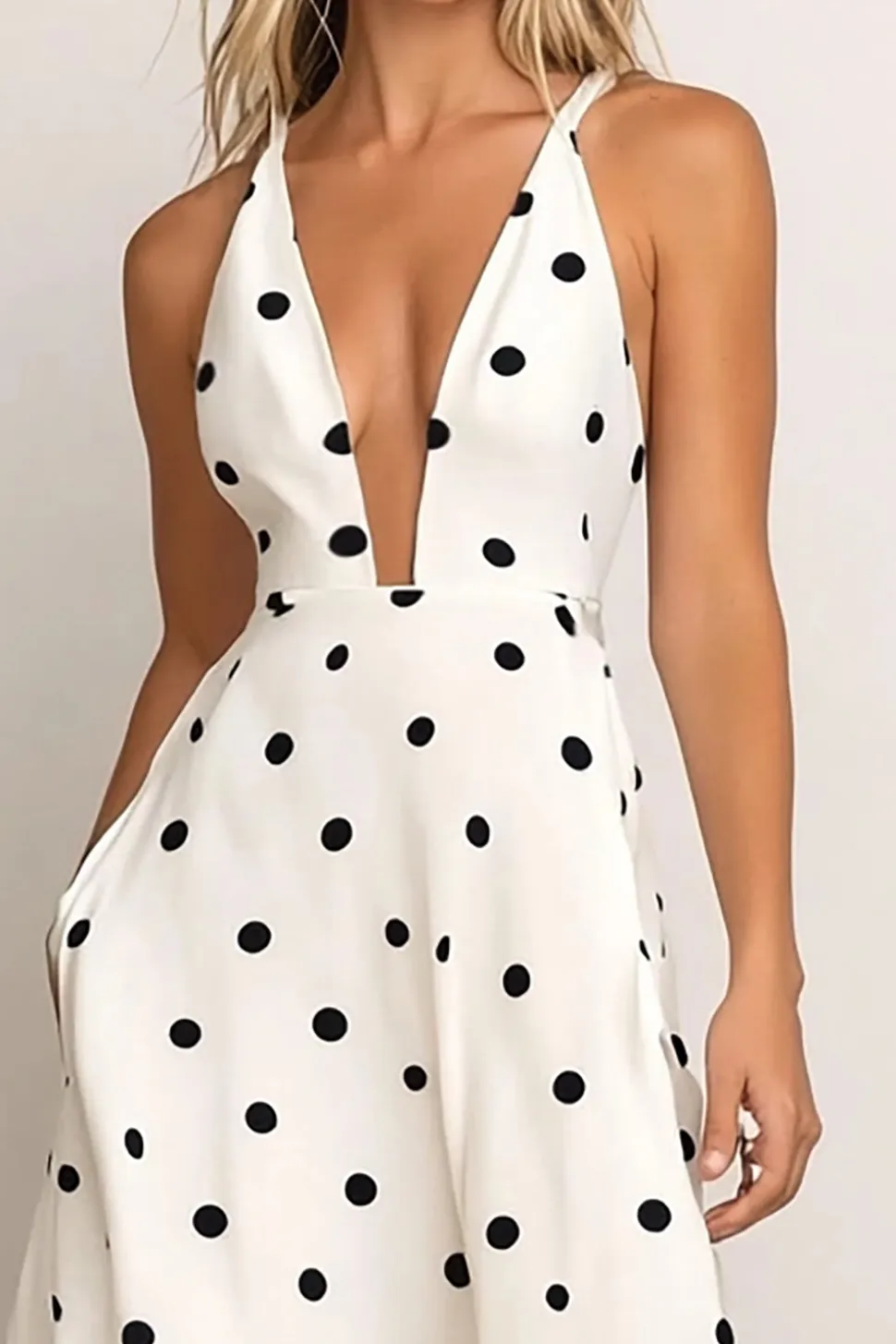 Vestido Verão Decote em V Ponto Preto Branco Longo Linha-A Cetim