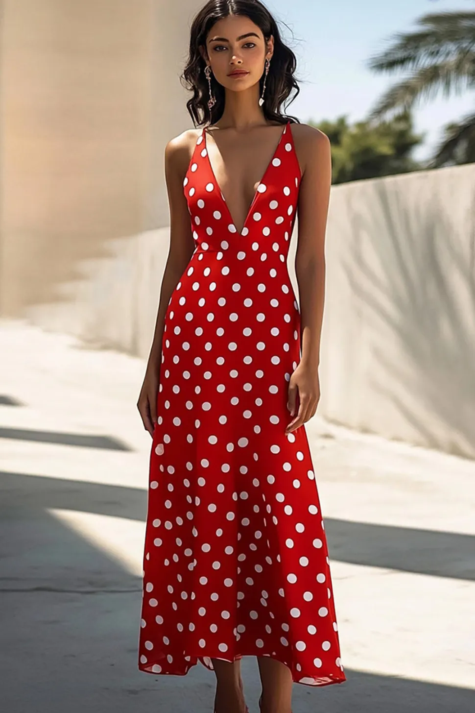 Vestido Verão Decote em V Linha-A Midi Ponto Branco Vermelho Chiffon