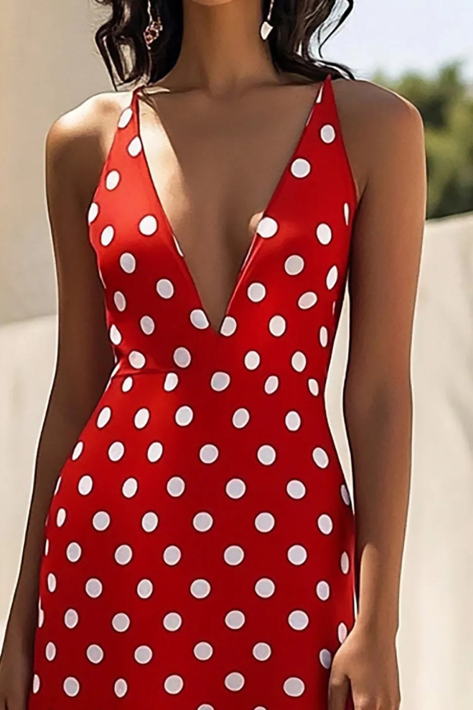 Vestido Verão Decote em V Linha-A Midi Ponto Branco Vermelho Chiffon