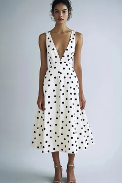 Vestido Verão Decote em V Ponto Preto Branco Midi Linha-A