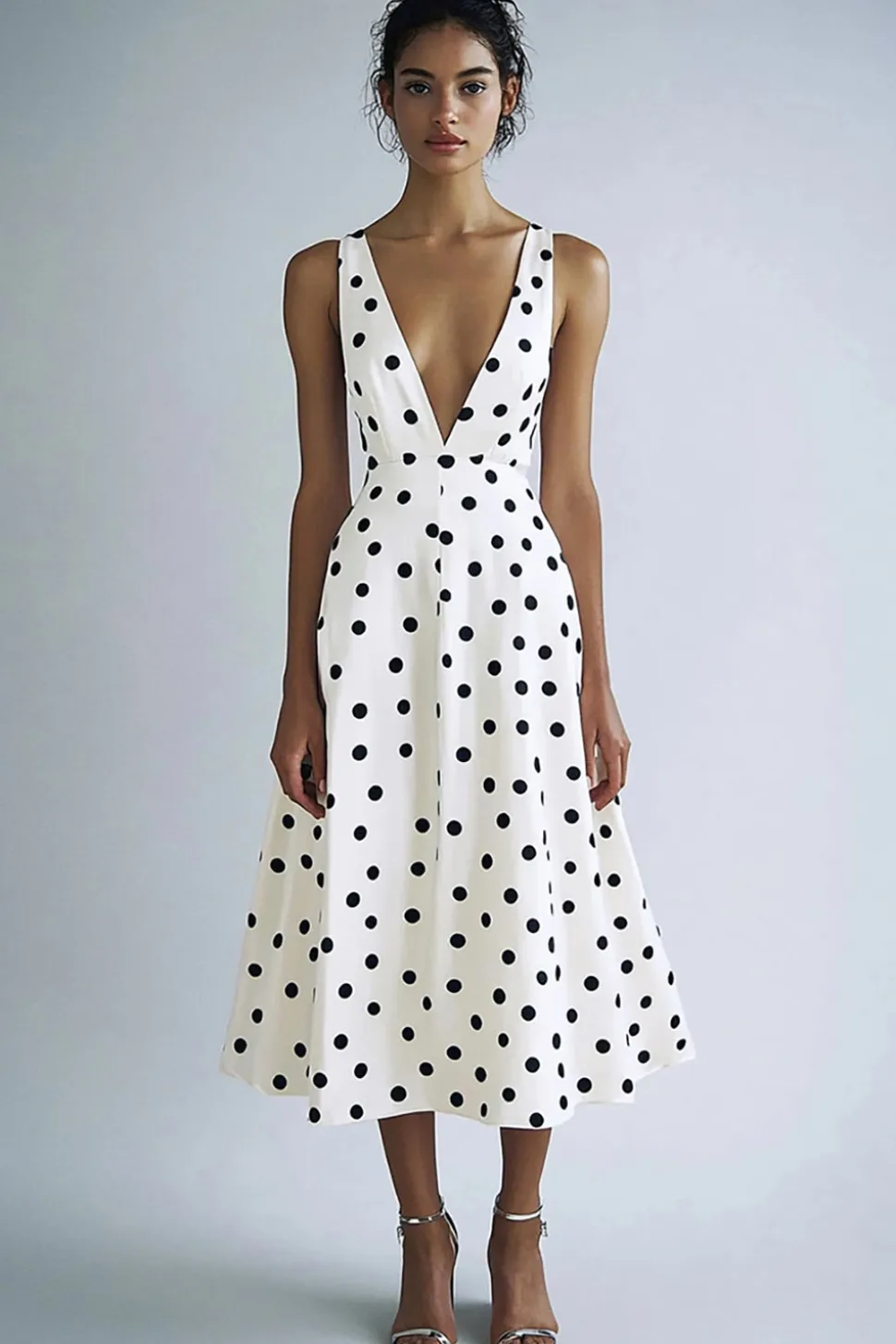 Vestido Verão Decote em V Ponto Preto Branco Midi Linha-A