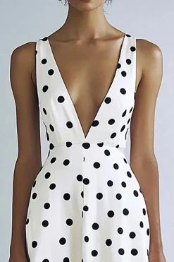 Vestido Verão Decote em V Ponto Preto Branco Midi Linha-A
