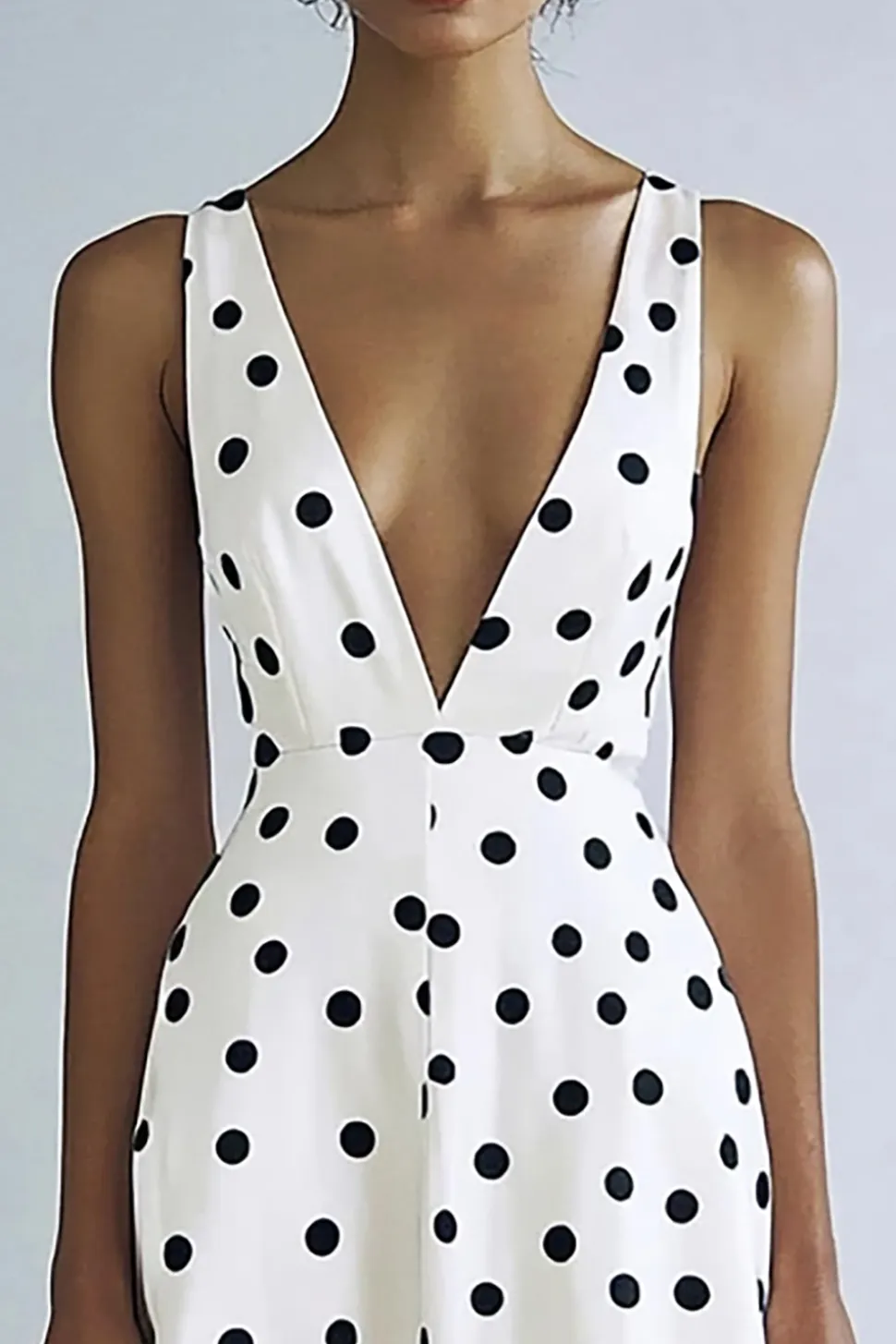Vestido Verão Decote em V Ponto Preto Branco Midi Linha-A