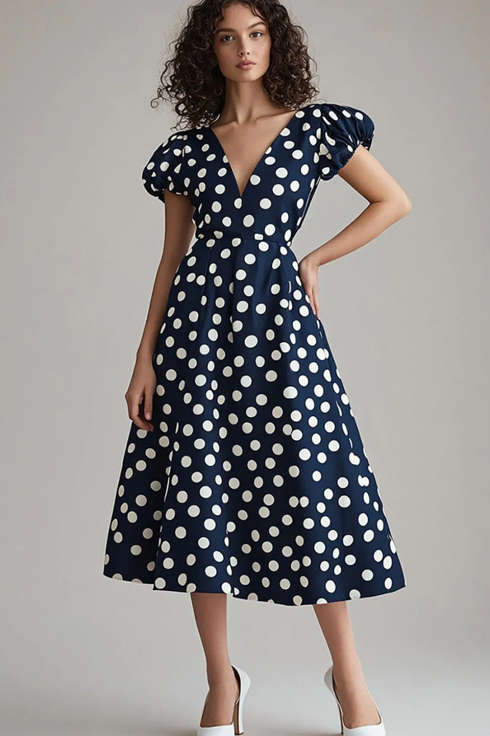 Vestido Verão Decote em V Midi Ponto Branco Marinha Linha-A