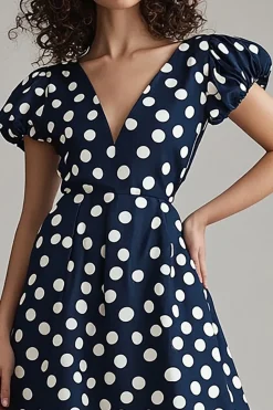 Vestido Verão Decote em V Midi Ponto Branco Marinha Linha-A