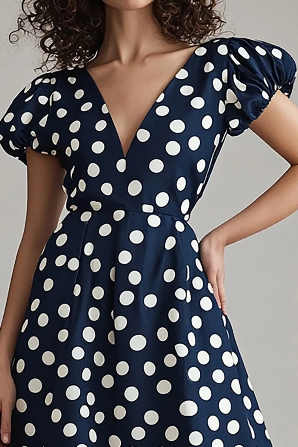 Vestido Verão Decote em V Midi Ponto Branco Marinha Linha-A
