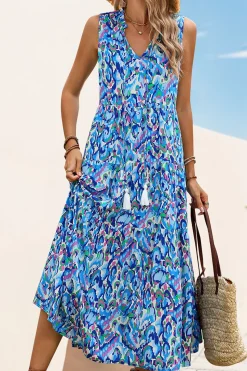 Vestido Verão Decote em V Sem Linha-A Midi Azul