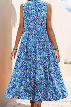 Vestido Verão Decote em V Sem Linha-A Midi Azul