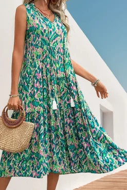 Vestido Verão Decote em V Sem Linha-A Midi Azul