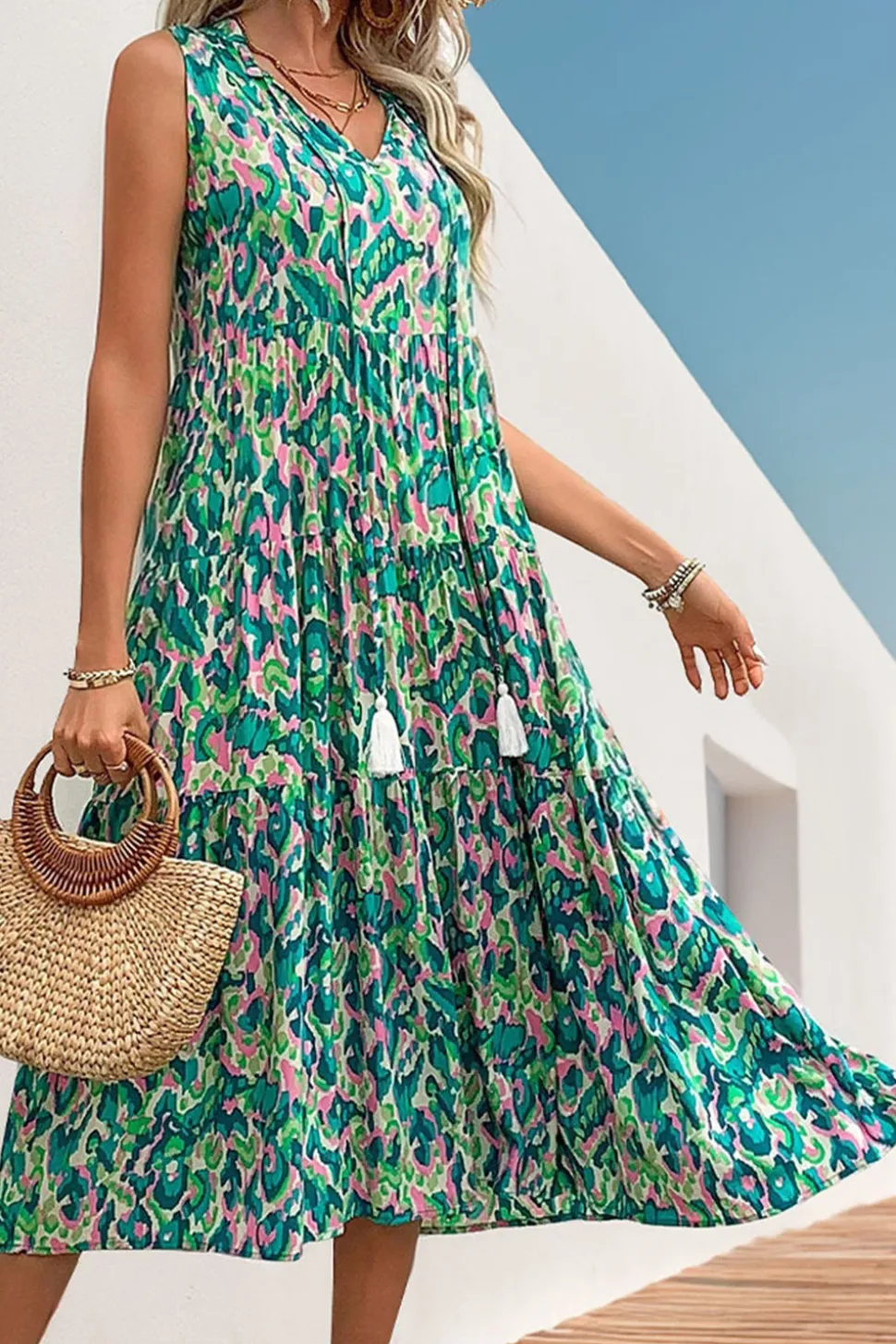 Vestido Verão Decote em V Sem Linha-A Midi Azul
