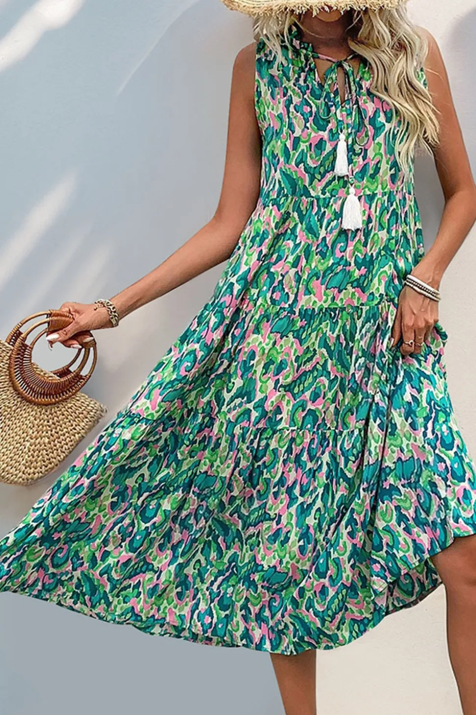 Vestido Verão Decote em V Sem Linha-A Midi Azul