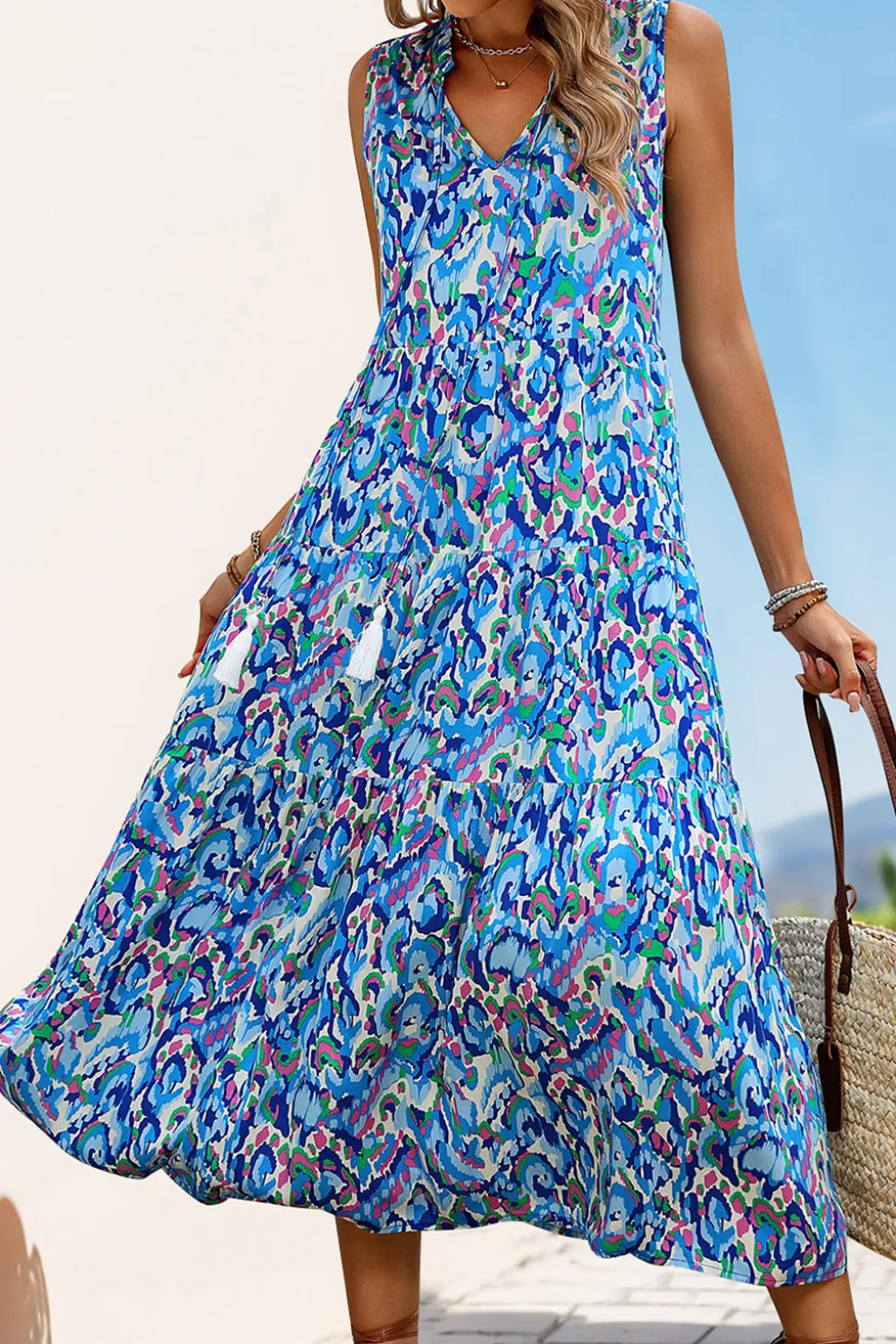 Vestido Verão Decote em V Sem Linha-A Midi Azul