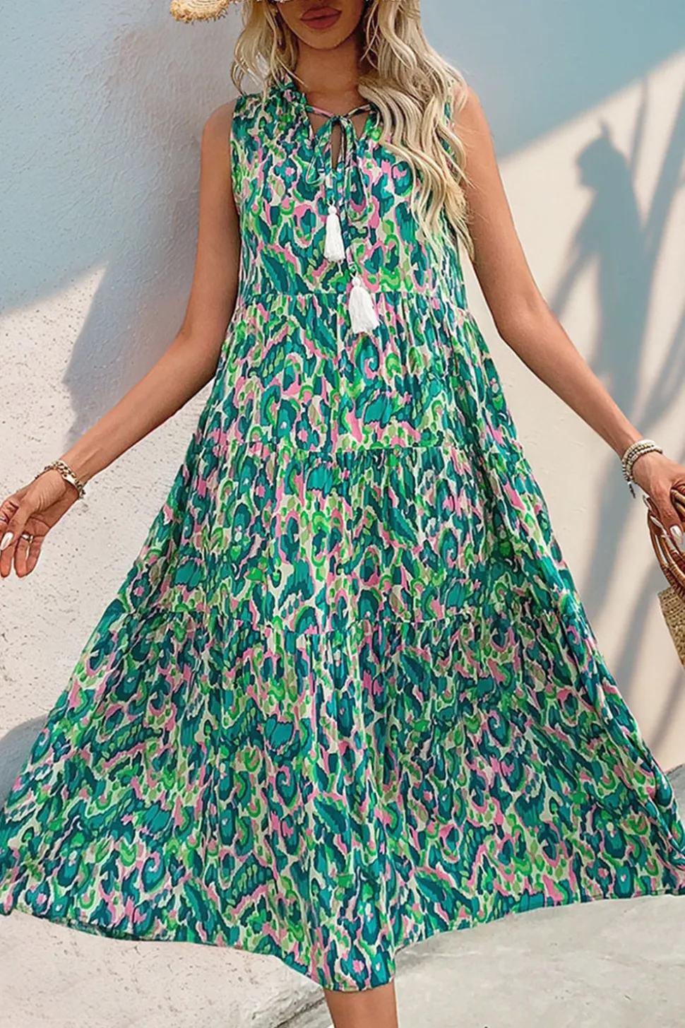 Vestido Verão Decote em V Sem Linha-A Midi Azul