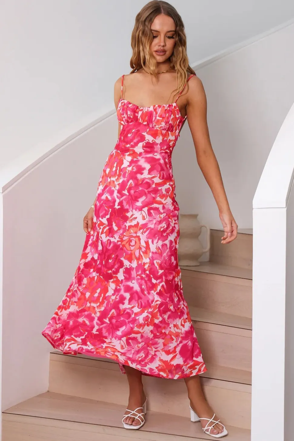 Vestido Verão Fúcsia Alças Finas Midi Floral Sem Encosto