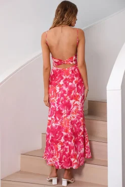 Vestido Verão Fúcsia Alças Finas Midi Floral Sem Encosto