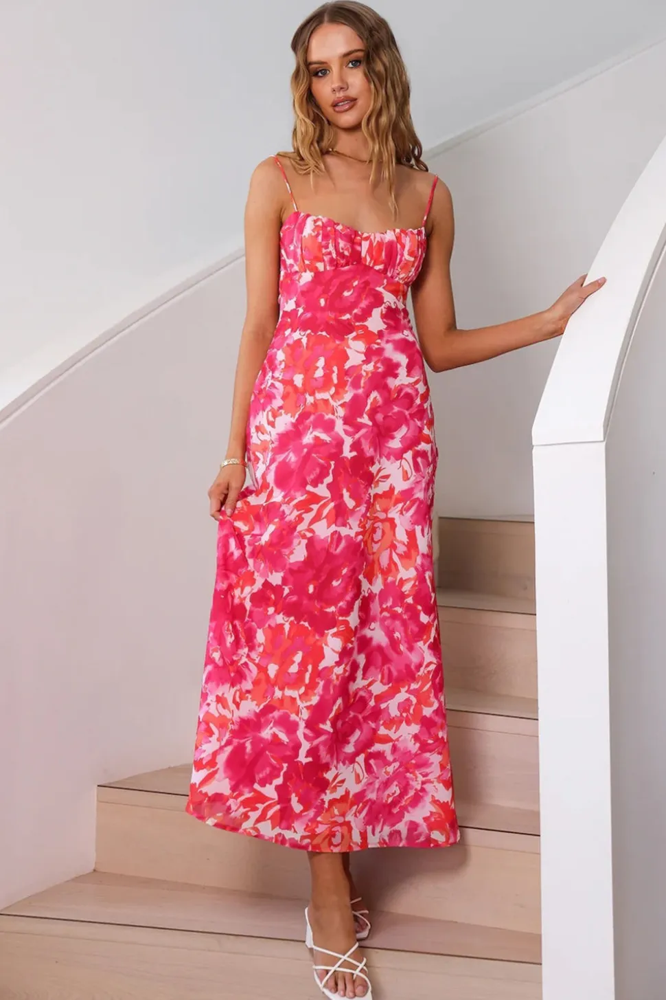 Vestido Verão Fúcsia Alças Finas Midi Floral Sem Encosto