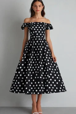 Vestido Verão Fora do Ombro Midi Linha-A Ponto Branco Preto