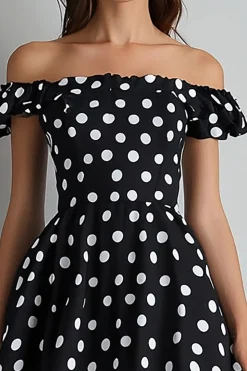 Vestido Verão Fora do Ombro Midi Linha-A Ponto Branco Preto