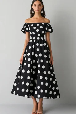Vestido Verão Fora do Ombro Ponto Branco Preto Midi