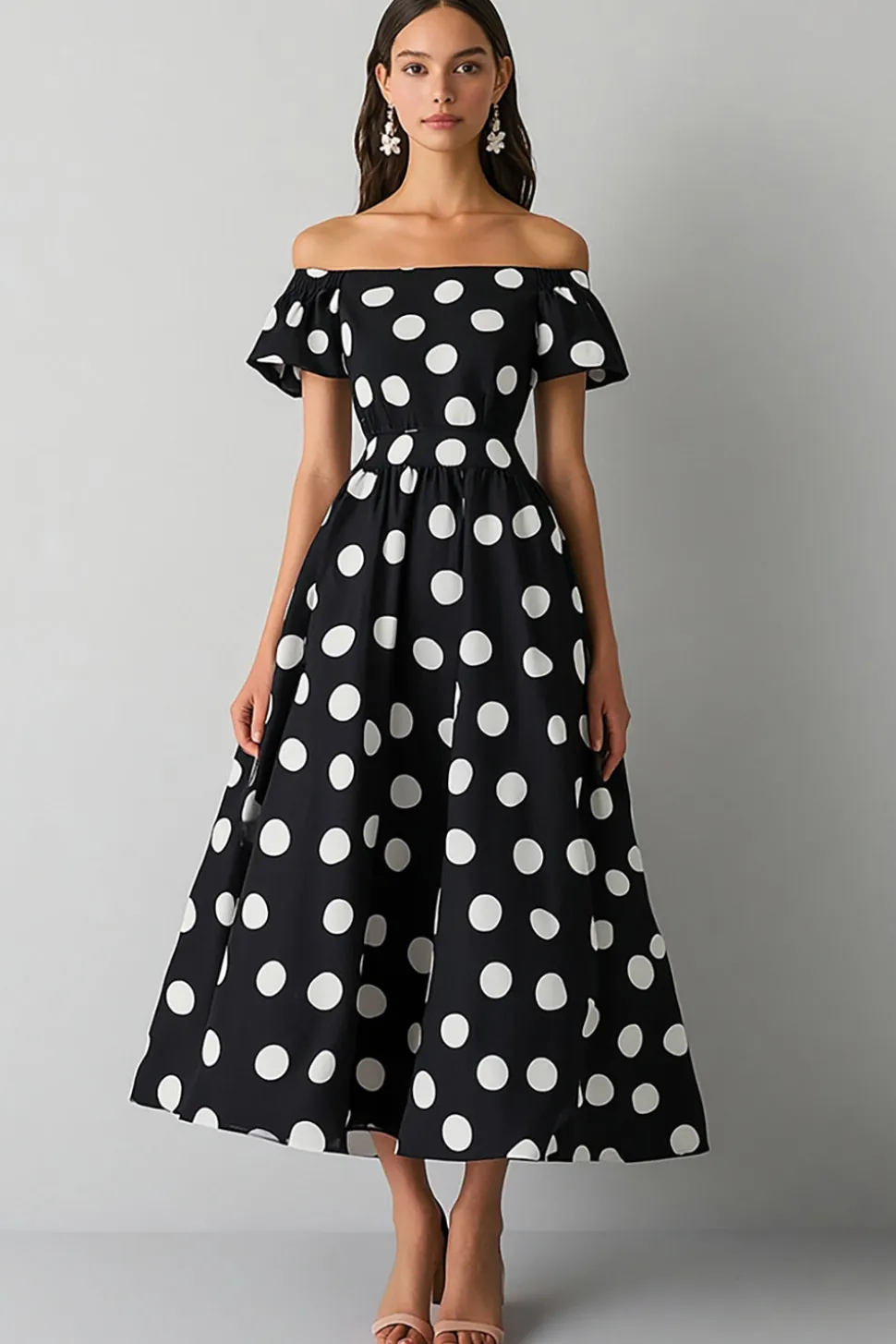 Vestido Verão Fora do Ombro Ponto Branco Preto Midi